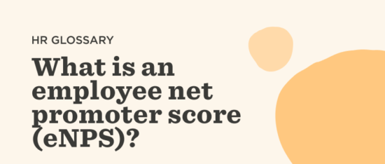 HR glossary on eNPS with bold text, light background, and abstract shapes for a modern look, employee net promoter score definition and context