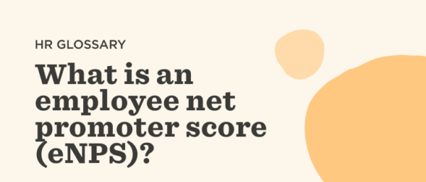 HR glossary on eNPS with bold text, light background, and abstract shapes for a modern look, employee net promoter score definition and context