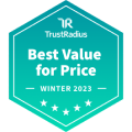 Best Value for Price Award Winter 2023, TrustRadius Badge with teal hexagon background and five stars design
