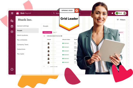 Bob Payroll interface showcasing employee lifecycle status, with a professional woman holding a tablet, smiling. , PayrollSoftware, EmployeeManagement