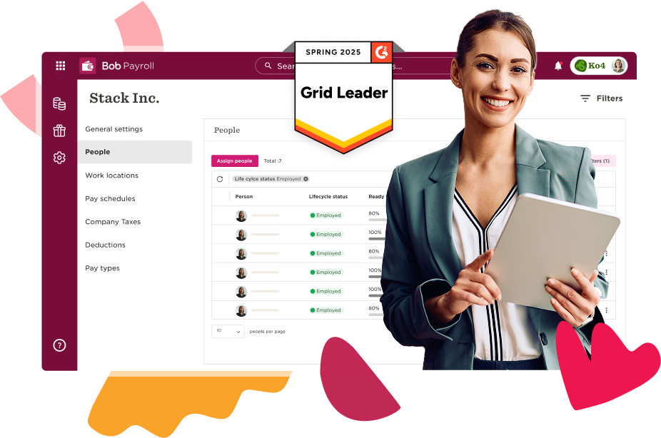 Bob Payroll interface showcasing employee lifecycle status, with a professional woman holding a tablet, smiling. , PayrollSoftware, EmployeeManagement