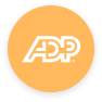 ADP logo in white text on a bright orange circular background, symbolizing brand identity and recognition, business branding logo design
