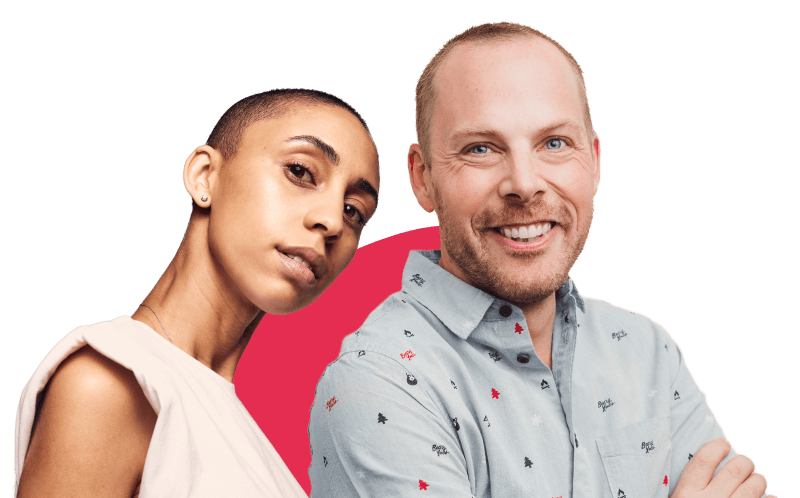 smiling man and woman posing together with vibrant background, diverse personalities in casual attire showcasing connection