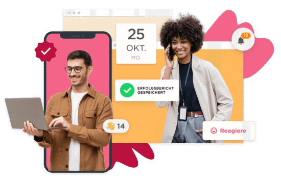 person using laptop on mobile screen, woman on phone with notifications and calendar date displayed