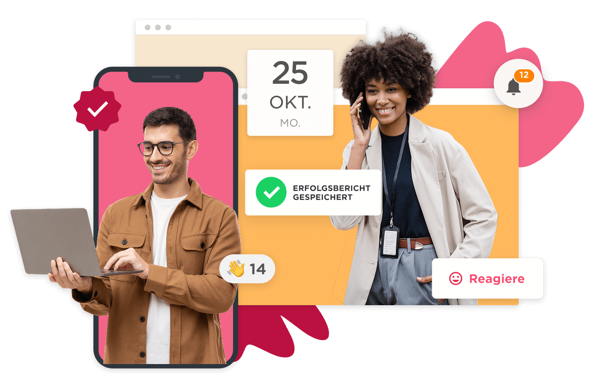 person using laptop on mobile screen, woman on phone with notifications and calendar date displayed