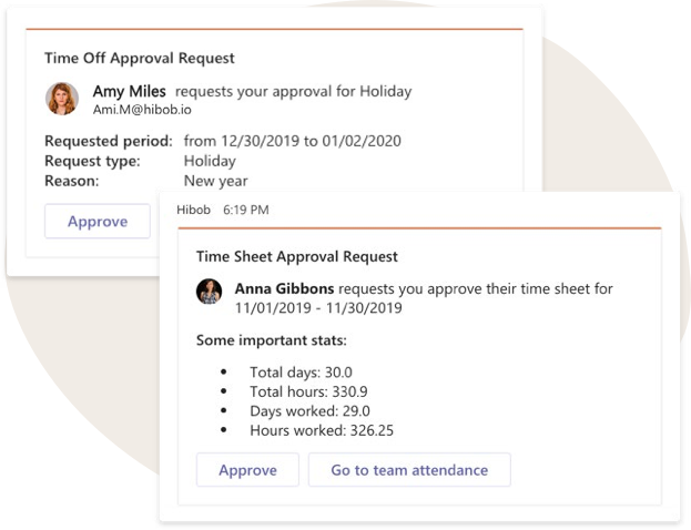 Time-off and time sheet approval requests with details and action buttons for efficient task management, Approval requests for holiday and timesheet with user details and statistics
