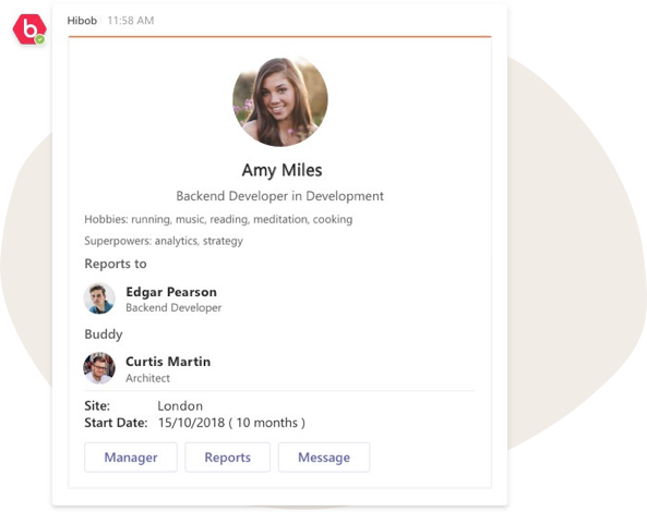 Amy Miles profile as Backend Developer, hobbies: running, music; reports: Edgar Pearson, buddy: Curtis Martin, User profile information in a work context, highlighting responsibilities and locations.