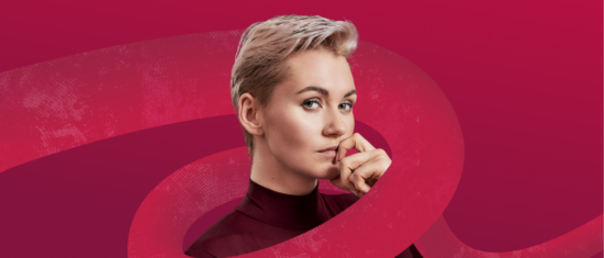 portrait of a thoughtful person with short blonde hair against a vibrant pink background, contemporary artwork with abstract swirls