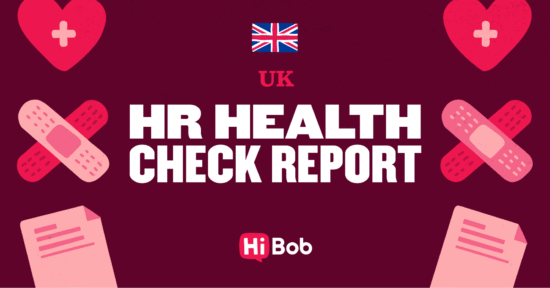 HR Health Check Report graphic with UK flag, healing elements like band-aids and hearts on a maroon background. HiBob branding. HiBob, HRHealthCheckReport