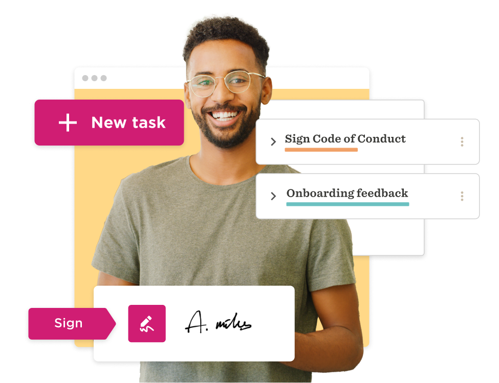 smiling man with glasses holding a digital signature document, tasks for signing including code of conduct and feedback
