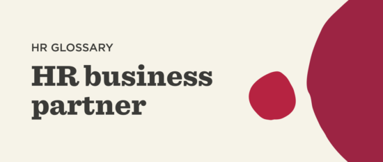 HR glossary, HR business partner in bold text, highlighted by red abstract shapes on a cream background, HR terminology definition, professional context