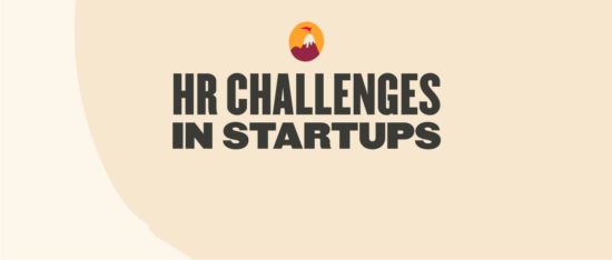 HR challenges in startups graphic featuring bold text on a light background, accompanied by a mountain icon. HR, startups