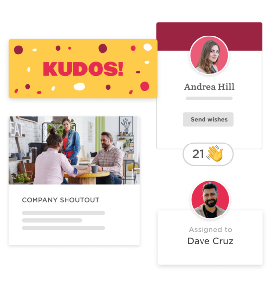 Kudos celebration with coworkers in a vibrant office, featuring an interactive company shoutout and profiles., Kudos, CompanyShoutout