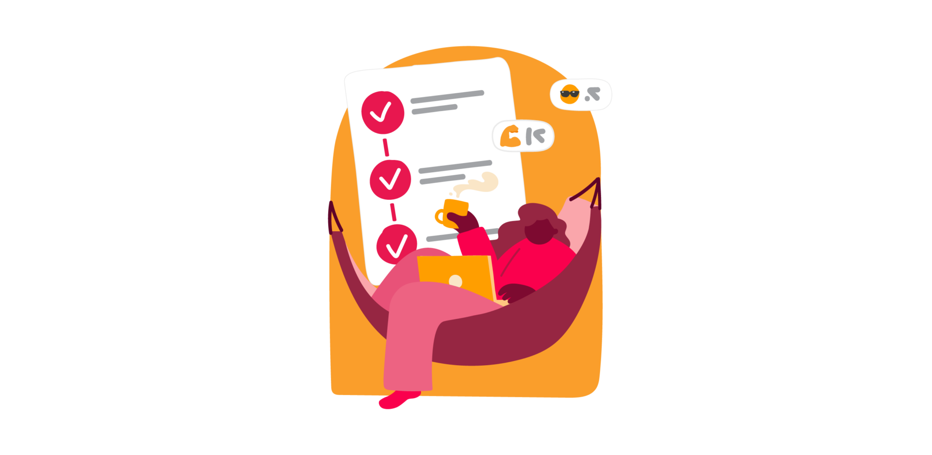 working in a hammock with checklist and laptop, sipping coffee, colorful and relaxed home office setting, productivity, workspace