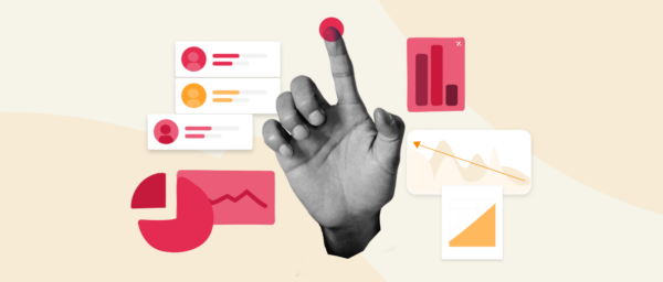 hand pressing red button, graphs and charts illustrating data analysis concepts