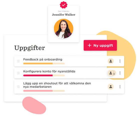 Uppgifter för onboarding, med Jennifer Walkers profil och flöde av uppgifter presenterade. Ny uppgift-knapp. , onboarding, uppgifter