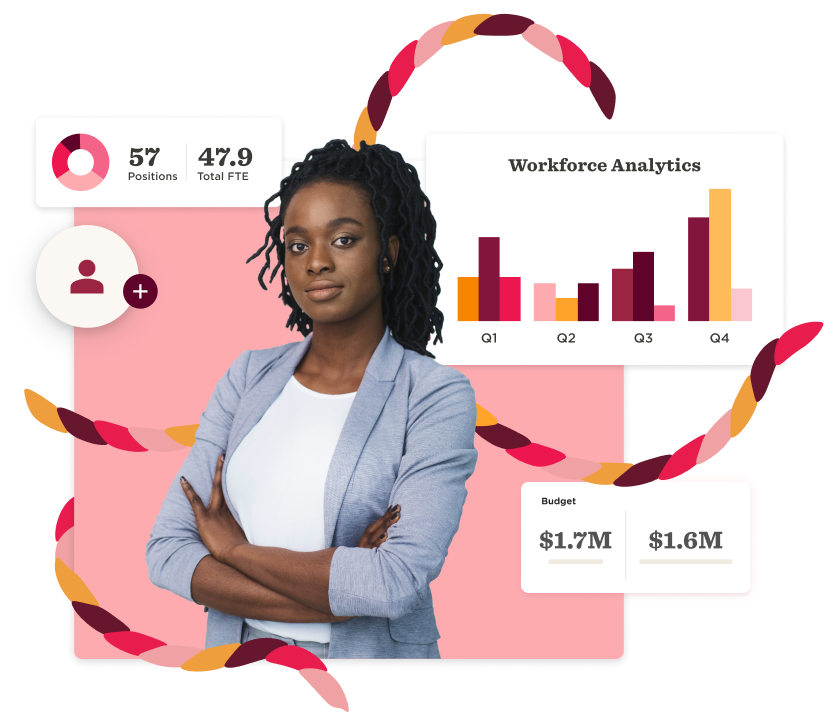workforce analytics with graphs, budget details, and a confident professional woman in a stylish blue jacket, data visualization and metrics
