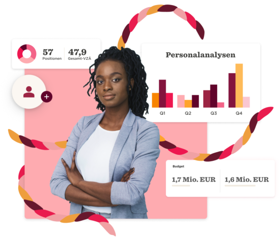 person with curly hair in a business outfit analyzing graphs and budget data surrounded by colorful graphics, business analysis, graphs, budget visualization