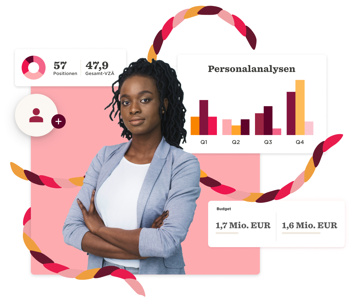 person with curly hair in a business outfit analyzing graphs and budget data surrounded by colorful graphics, business analysis, graphs, budget visualization