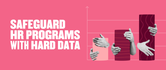 safeguard HR programs with hard data graphic, bar chart with hands on pink background, hands, bar chart, HR programs, graphic design