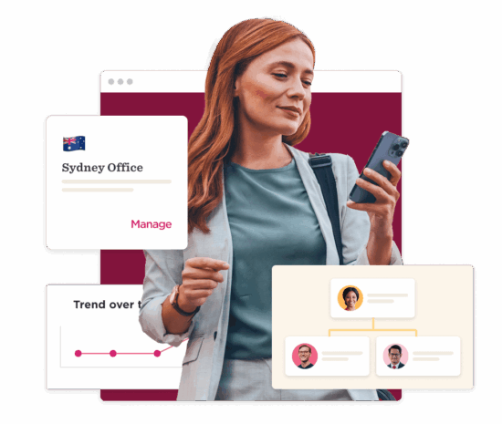 woman using smartphone, Sydney office management and team trend analytics displayed on digital screens