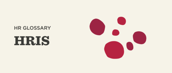 HR glossary title with bold 'HRIS' and abstract red shapes background for visual interest., HR glossary with HRIS title and colorful shapes.
