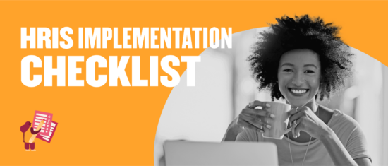 HRIS implementation checklist with a smiling woman holding a coffee cup, set against a vibrant orange background., Smiling woman with coffee, HRIS checklist on bright orange background.