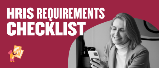 HRIS requirements checklist with a focused woman using a smartphone, vibrant colors enhance clarity and engagement, Checklist for HRIS requirements featuring a woman smiling with a smartphone, vibrant background elements