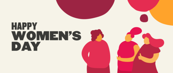 happy women's day illustration with three diverse women figures and colorful abstract shapes in the background, celebration of women's empowerment and unity