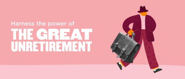power of unretirement, stylish character with briefcase on pink background