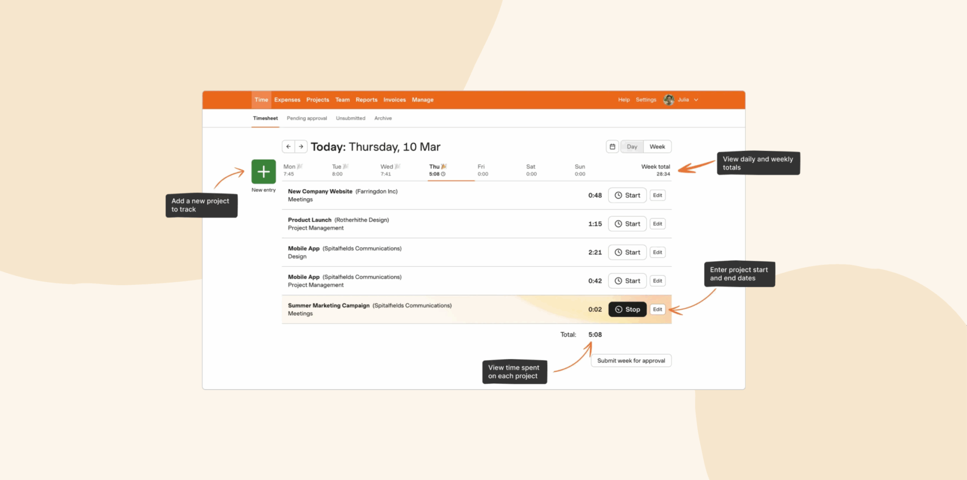new entry, timesheet tracking projects and time management interface