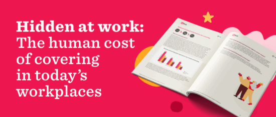 Hidden at work report cover showcasing insights on workplace covering, with colorful charts and engaging design elements. Hidden at work, workplace insights