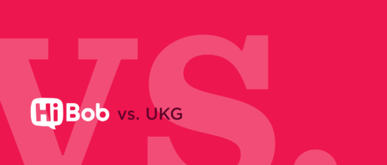 HiBob vs. UKG brand comparison on a vibrant pink background, featuring bold text for clarity and emphasis., brand logos, vibrant design