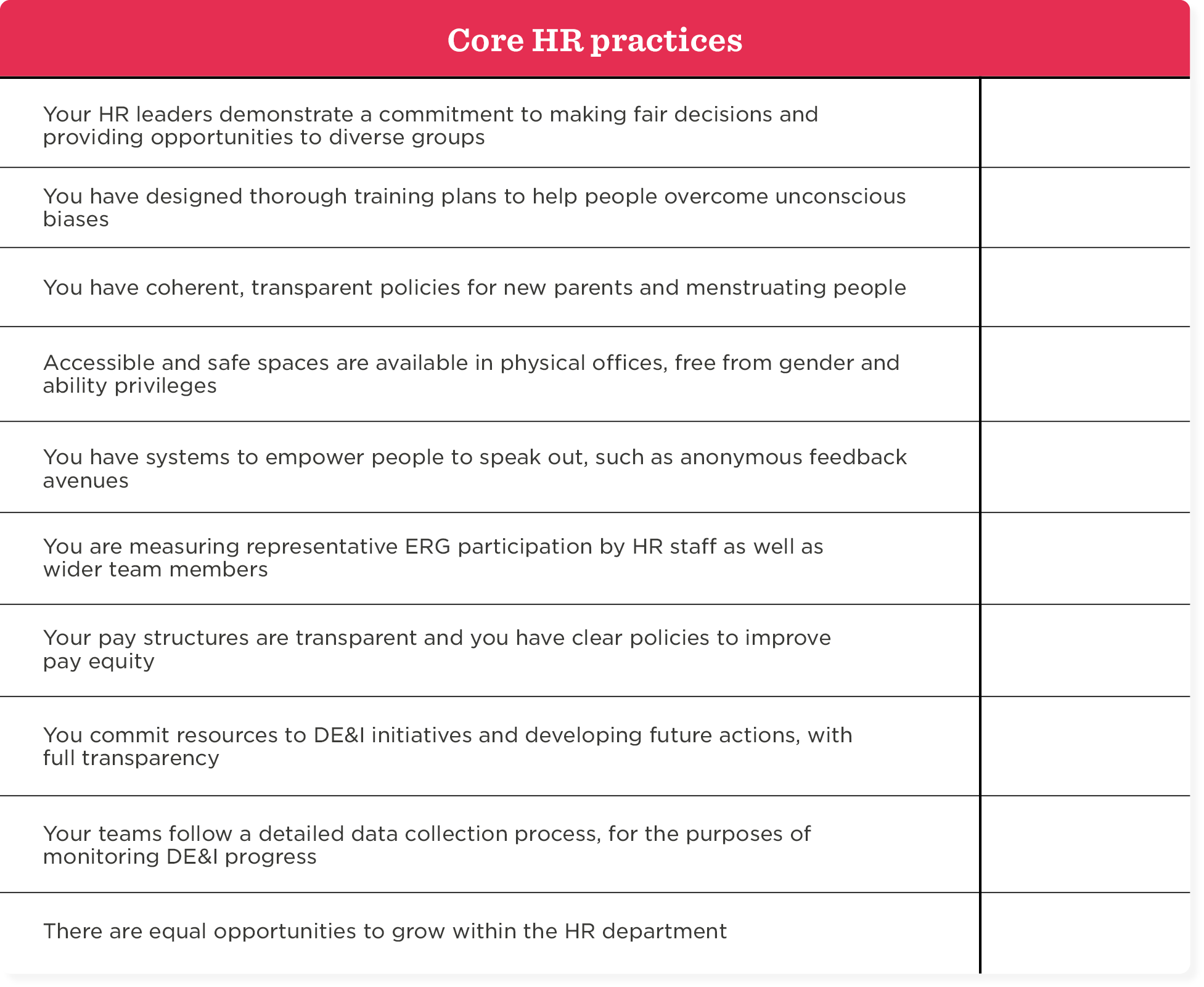 Core HR practices for diversity, equity, and inclusion with actionable steps and transparent policies for all employees., HR initiatives focusing on fair opportunities, training against biases, and accessible workplaces.