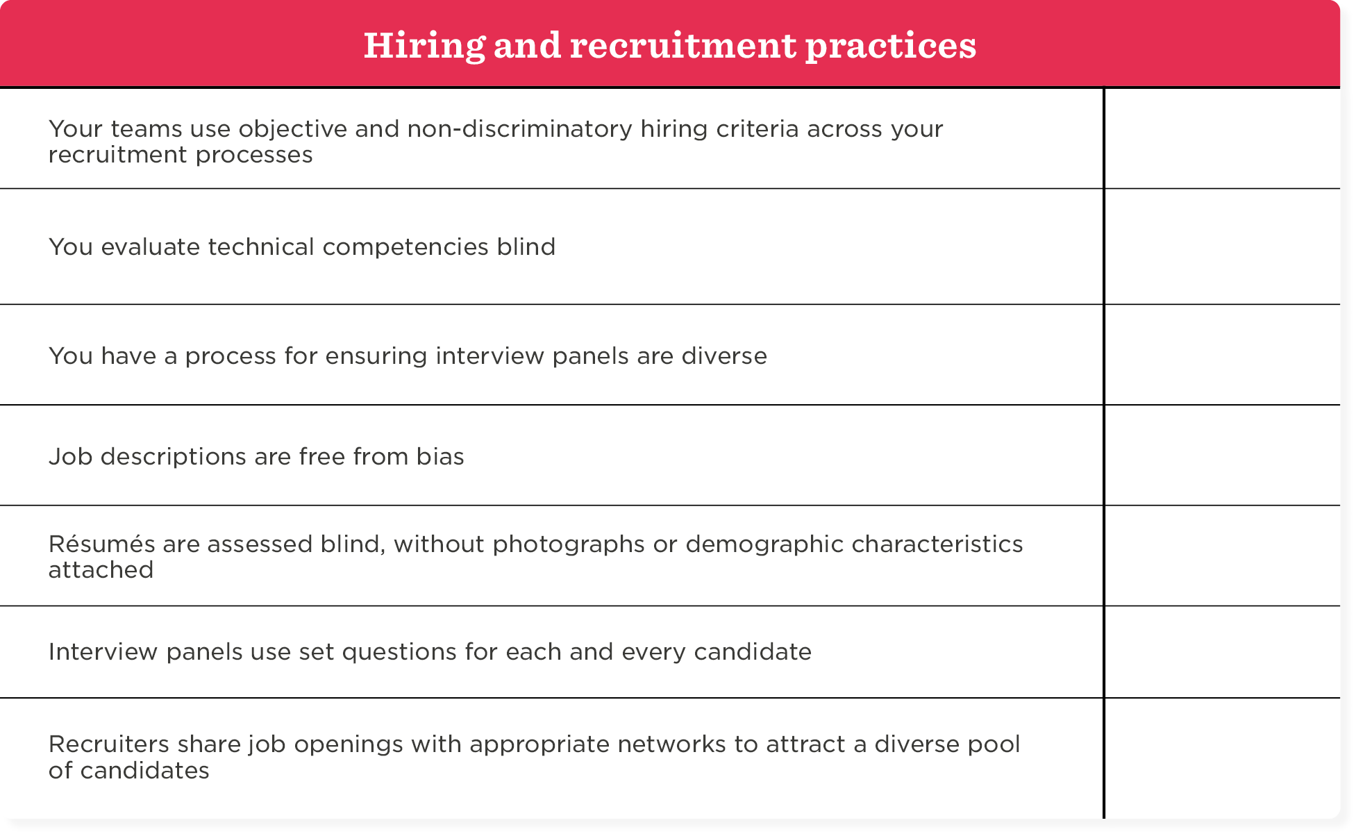 hiring and recruitment practices table with diversity focus and objective criteria, non-discriminatory, blind assessments, diverse panels