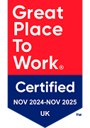 Great Place To Work Certified badge for UK, valid Nov 2024-Nov 2025, Recognition badge showing workplace excellence and certification.