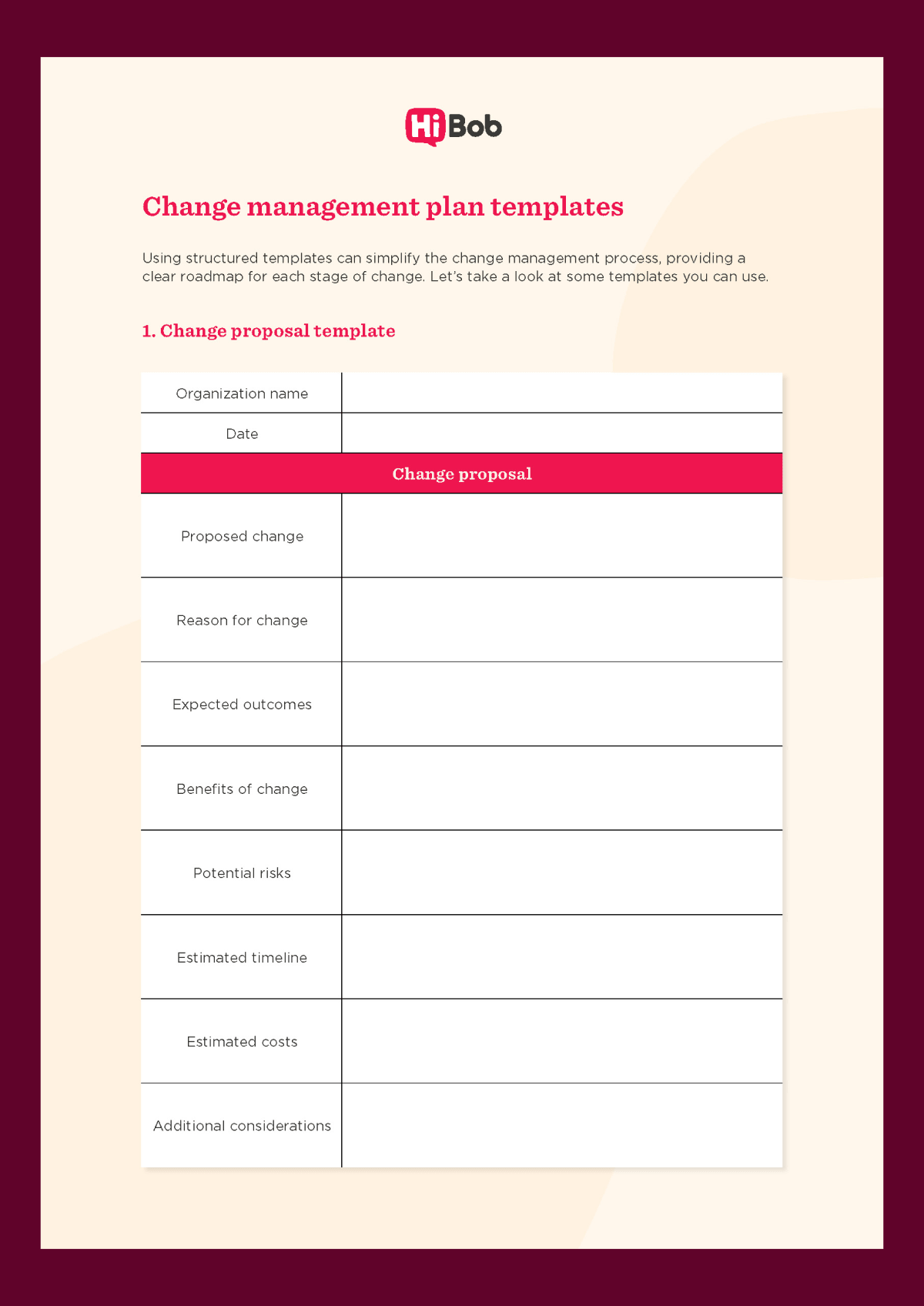 Screenshot example of the change management plan templates by HiBob. This specific screenshot shows the change proposal template.