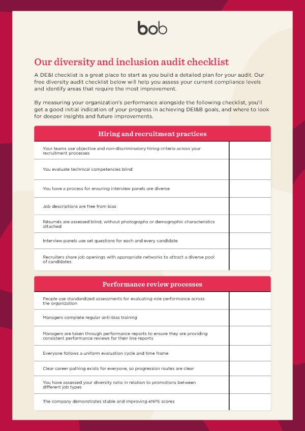Screenshot of the diversity and inclusion (DEI) audit checklist template by HiBob