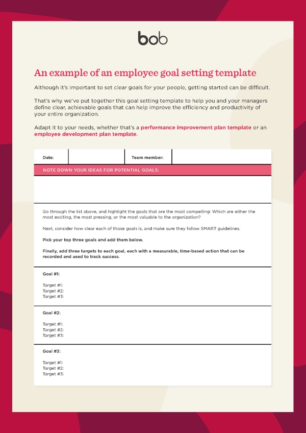 Screenshot of employee goal setting templates with specific examples