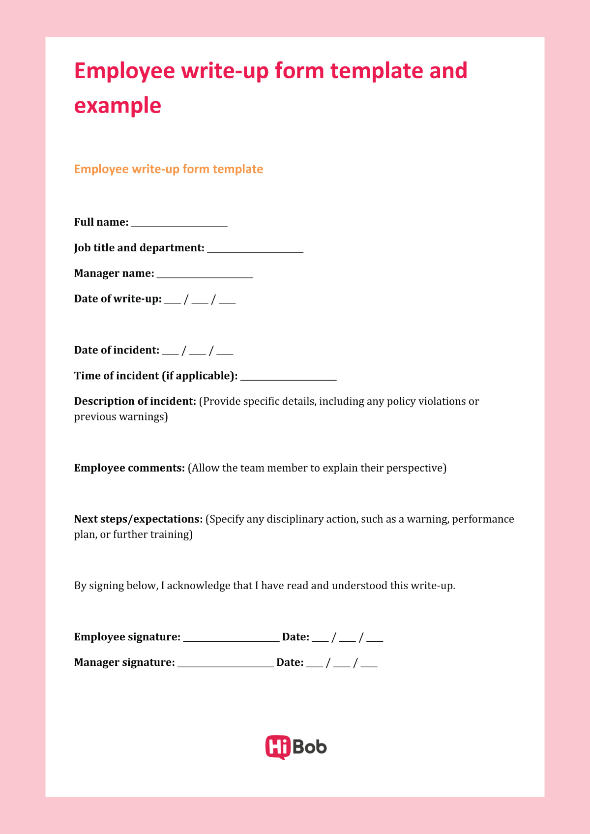Screenshot of the employee write-up form template and example from HiBob
