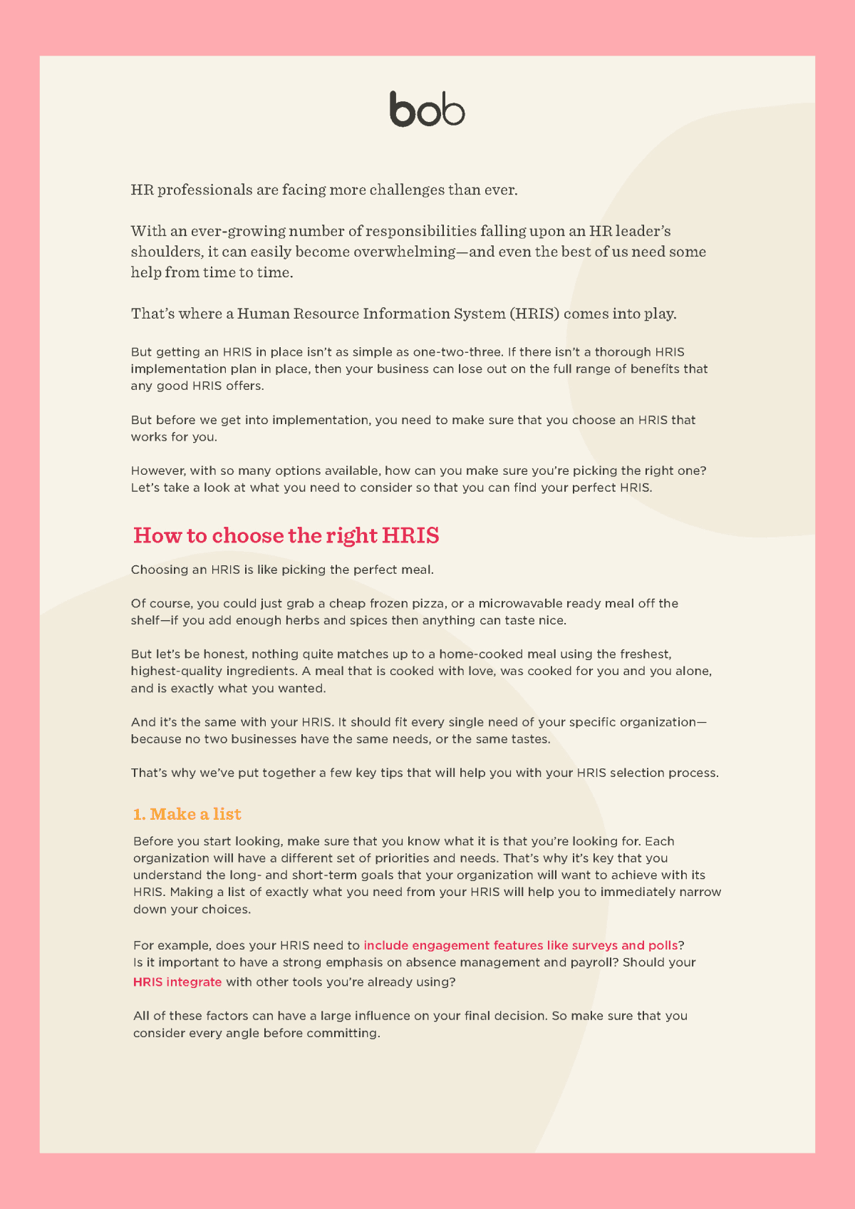 Screenshot of the HRIS implementation checklist template by HiBob