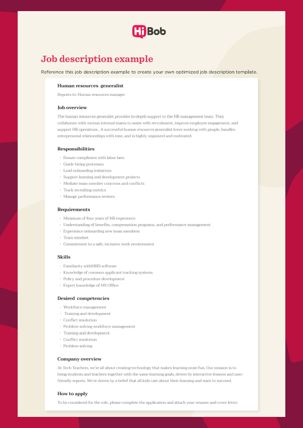 Screenshot of a job description example template by HiBob