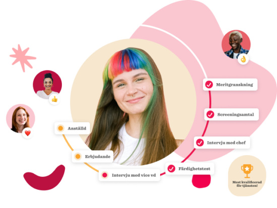 Colorful-haired woman smiles, surrounded by interview process icons and labels, reflecting job recruitment dynamics. , job_recruitment, interview_process