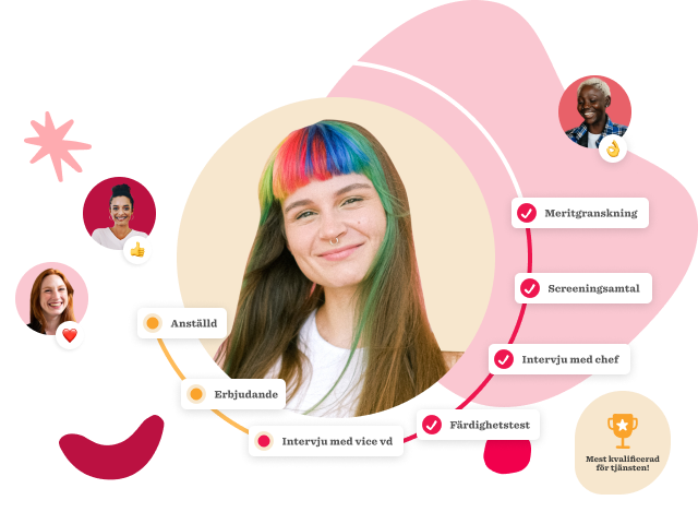 Colorful-haired woman smiles, surrounded by interview process icons and labels, reflecting job recruitment dynamics. , job_recruitment, interview_process
