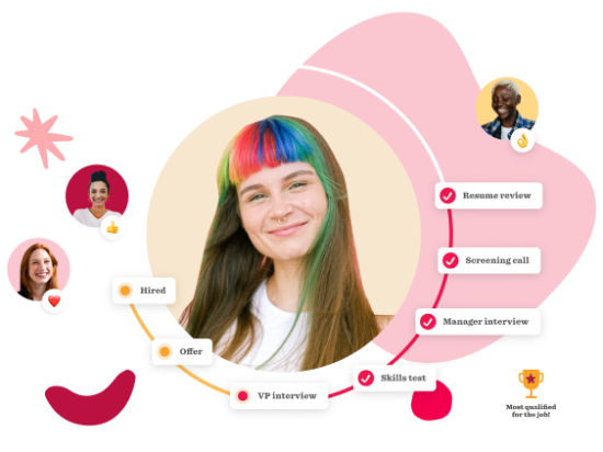 job application process, colorful candidate smiling with steps highlighted