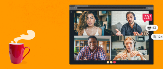 coffee cup, video call with diverse participants on an orange background