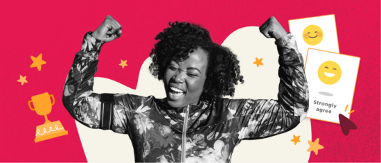 happy woman celebrating, colorful background with stars and emojis, expressing positivity and achievement