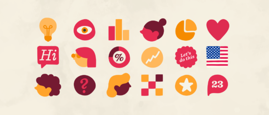 lightbulb, graphs, diverse icons, motivational symbols, vibrant colors, digital communication elements, colorful icons symbolizing ideas, data, and communication