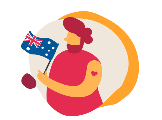 person holding Australian flag, colorful illustration with heart tattoo and joyful expression
