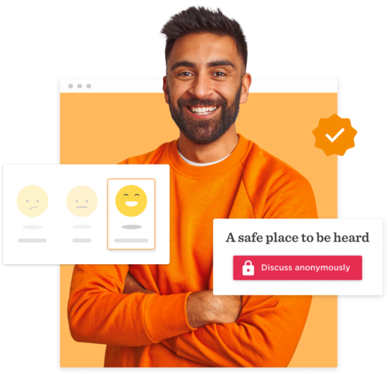 smiling man in orange sweater with feedback icons and messaging about safe anonymous discussion, feedback and support features highlighted